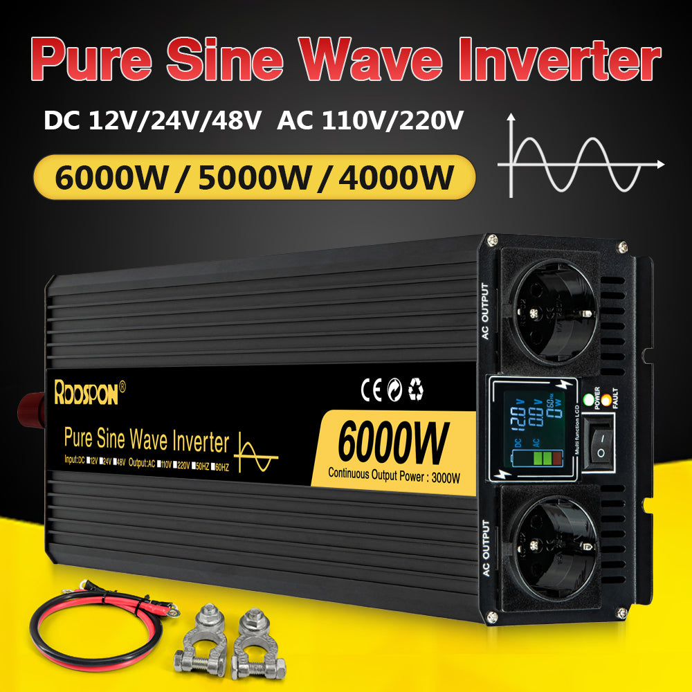 RDDSPON Pure Sine Wave Inverters 4000W 5000W 6000W Double EU SocketDC 12V 24V 48V to AC 110V 220V,50Hz,60Hz Voltage Converter