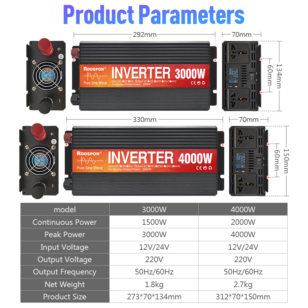 RDDSPON 4000W 3000W Car Inverter Universal Plug LCD Display Screen Solar Inverter