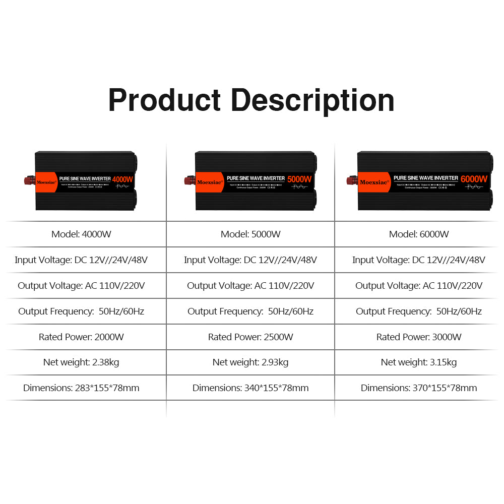 Moexsiac Pure Sine Wave Inverters 4000W 5000W 6000W Double EU Socket Car Inverter DC 12V 24V 48V To AC 220V Voltage Converters