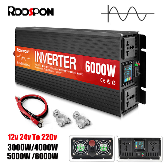 RDDSPON Pure Sine Wave Inverter 4000W 5000W 6000W Double Socket LCD Display DC 12V 24V To AC 220V Voltage Converter Power Supply