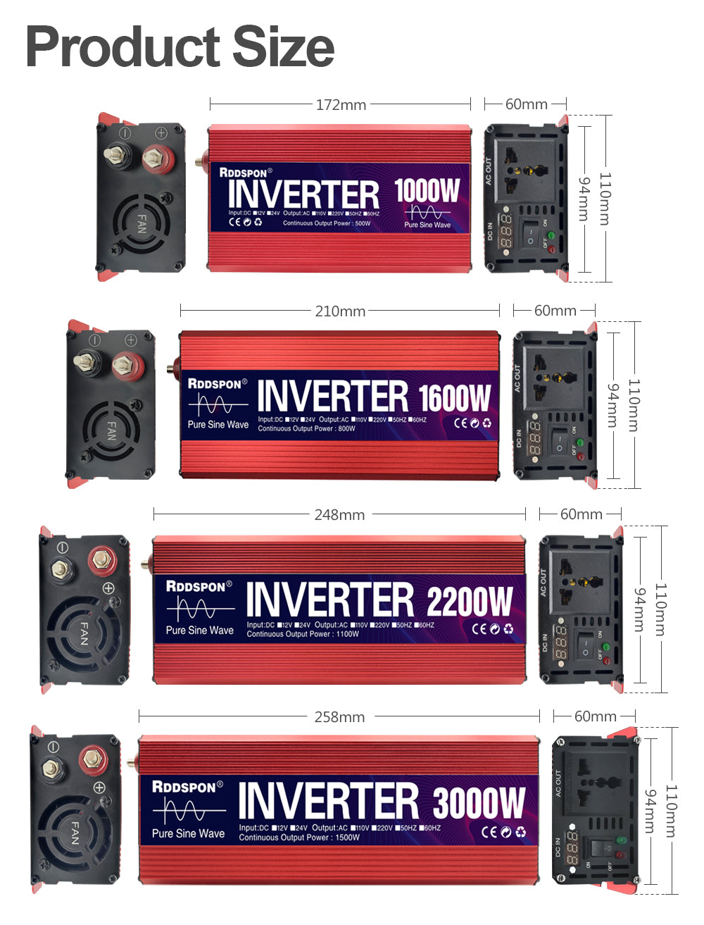 RDDSPON Car Inverter Pure Sine Wave Inverter 3000W 2200W 1600W 1000W