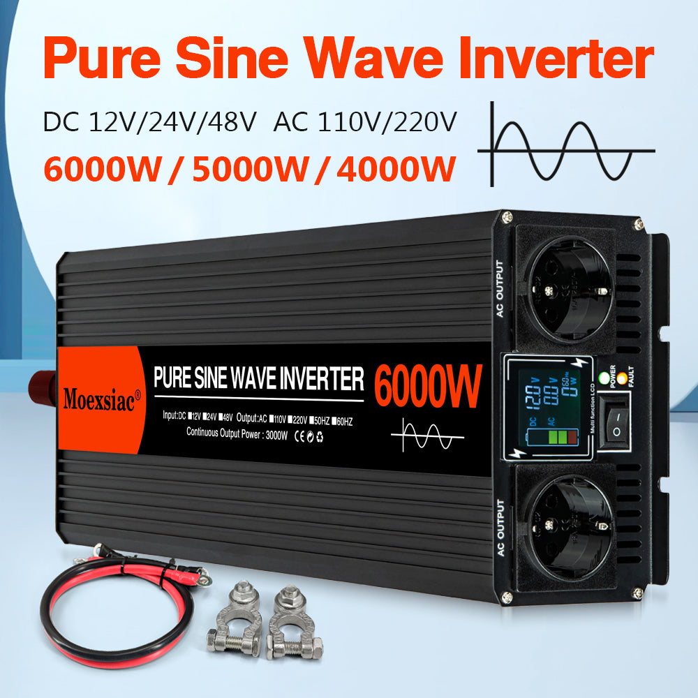Moexsiac Pure Sine Wave Inverters 4000W 5000W 6000W Double EU Socket Car Inverter DC 12V 24V 48V To AC 220V Voltage Converters