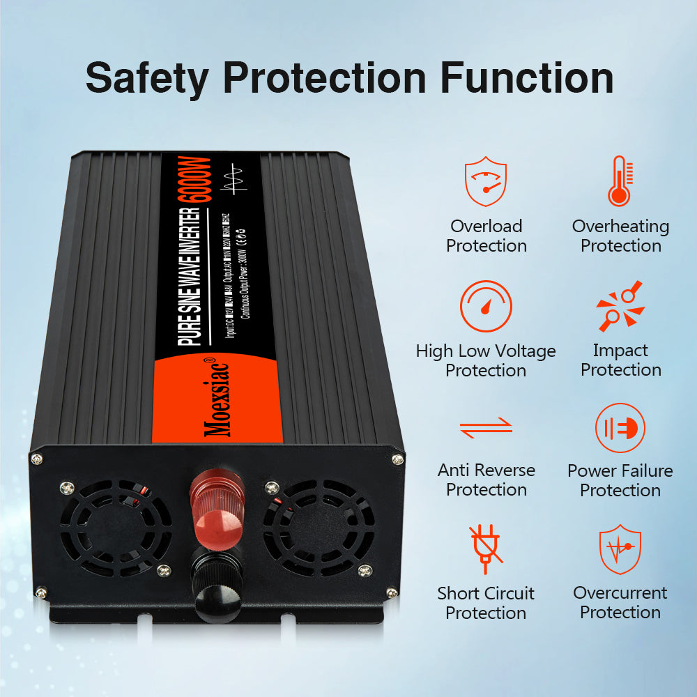 Moexsiac Pure Sine Wave Inverters 4000W 5000W 6000W Double EU Socket Car Inverter DC 12V 24V 48V To AC 220V Voltage Converters
