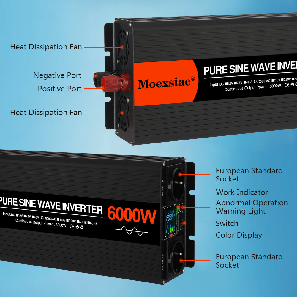 Moexsiac Pure Sine Wave Inverters 4000W 5000W 6000W Double EU Socket Car Inverter DC 12V 24V 48V To AC 220V Voltage Converters