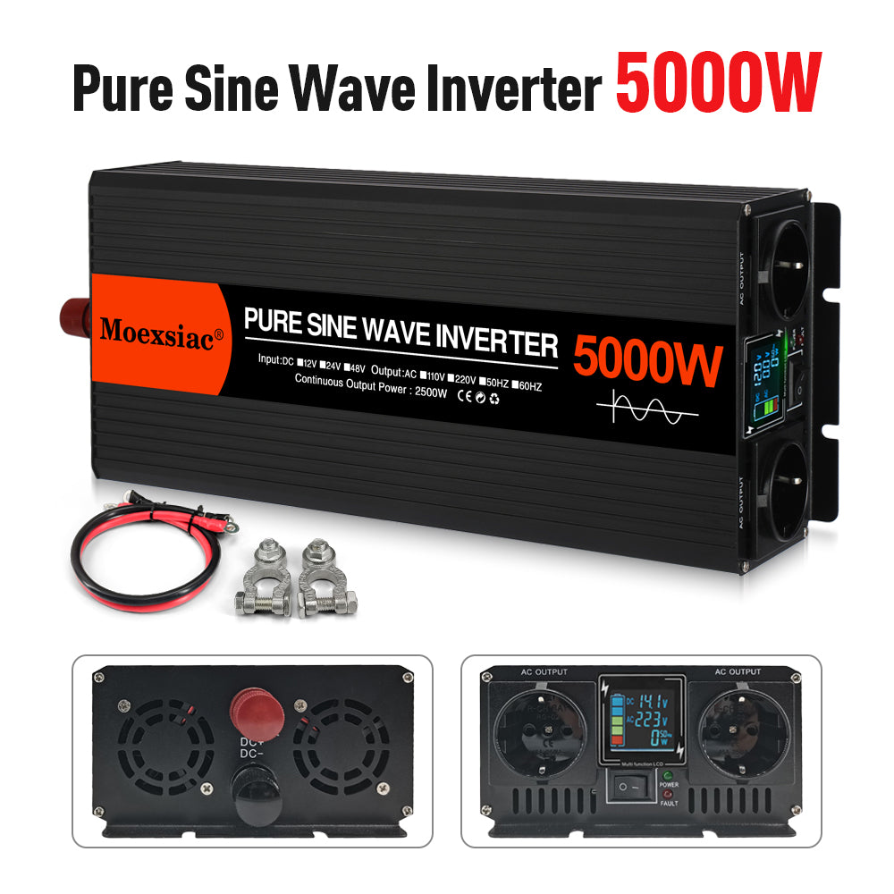 Moexsiac Pure Sine Wave Inverters 4000W 5000W 6000W Double EU Socket Car Inverter DC 12V 24V 48V To AC 220V Voltage Converters