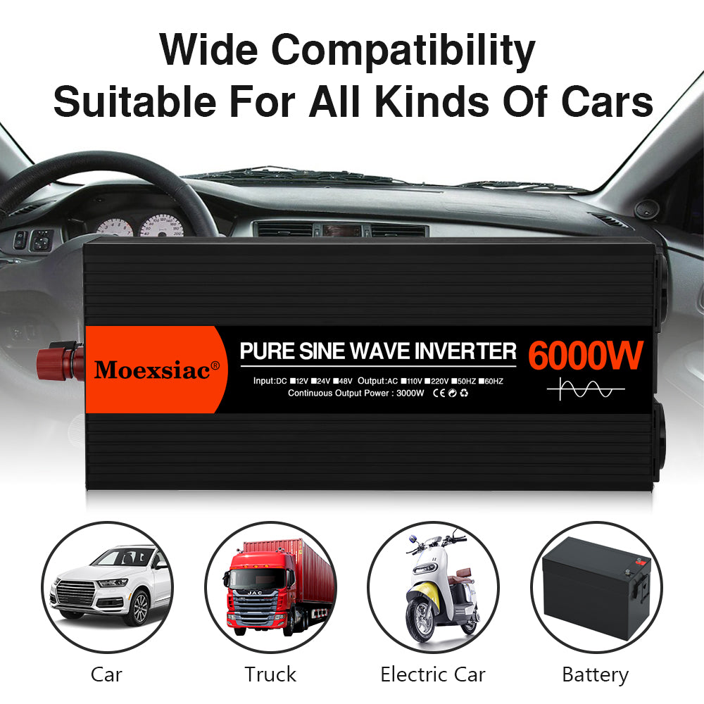 Moexsiac Pure Sine Wave Inverters 4000W 5000W 6000W Double EU Socket Car Inverter DC 12V 24V 48V To AC 220V Voltage Converters