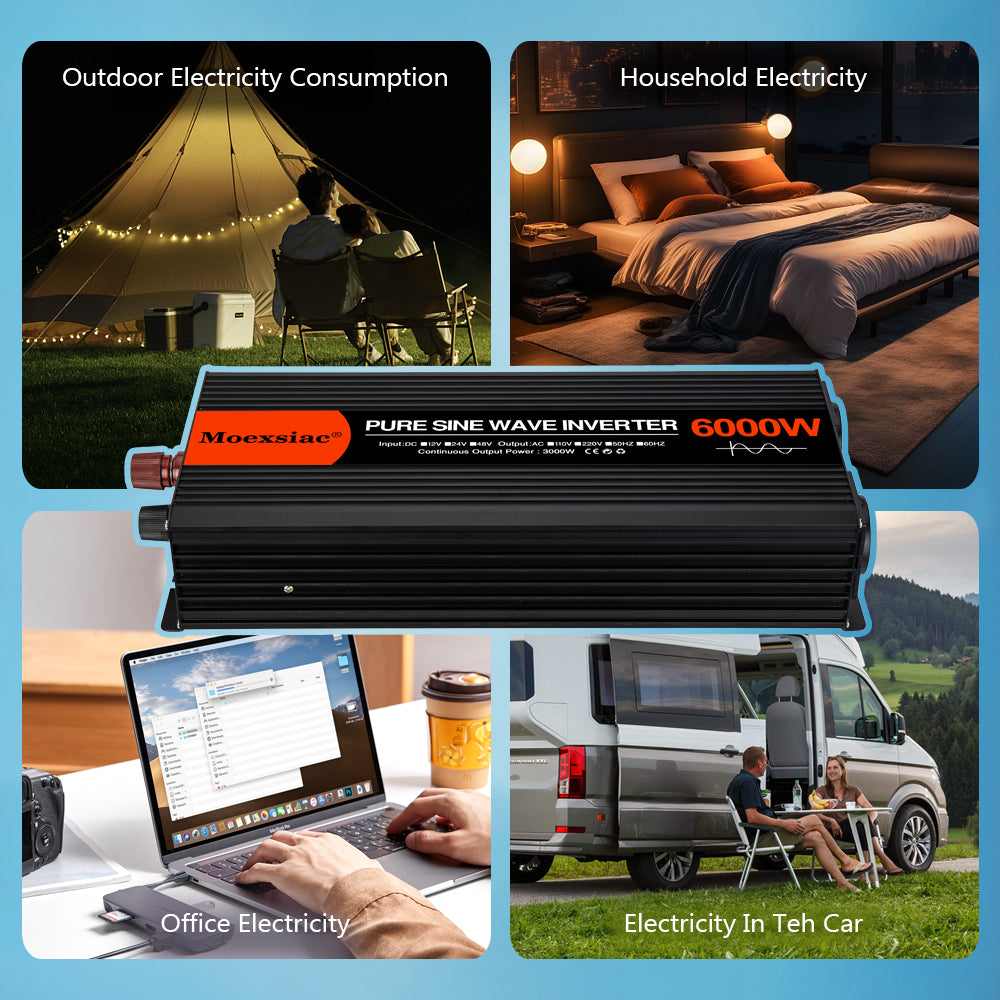 Moexsiac Pure Sine Wave Inverters 4000W 5000W 6000W Double EU Socket Car Inverter DC 12V 24V 48V To AC 220V Voltage Converters