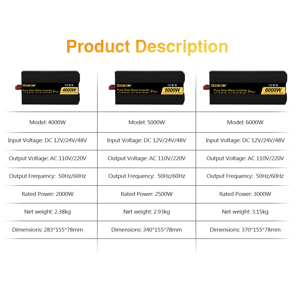 RDDSPON Pure Sine Wave Inverters 4000W 5000W 6000W Double EU SocketDC 12V 24V 48V to AC 110V 220V,50Hz,60Hz Voltage Converter