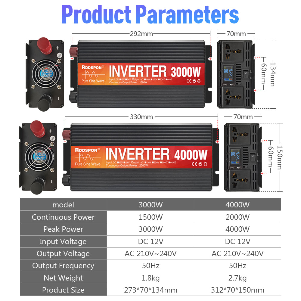 RDDSPON 3000W Car Inverter Universal Plug LCD Display Screen Solar Inverter